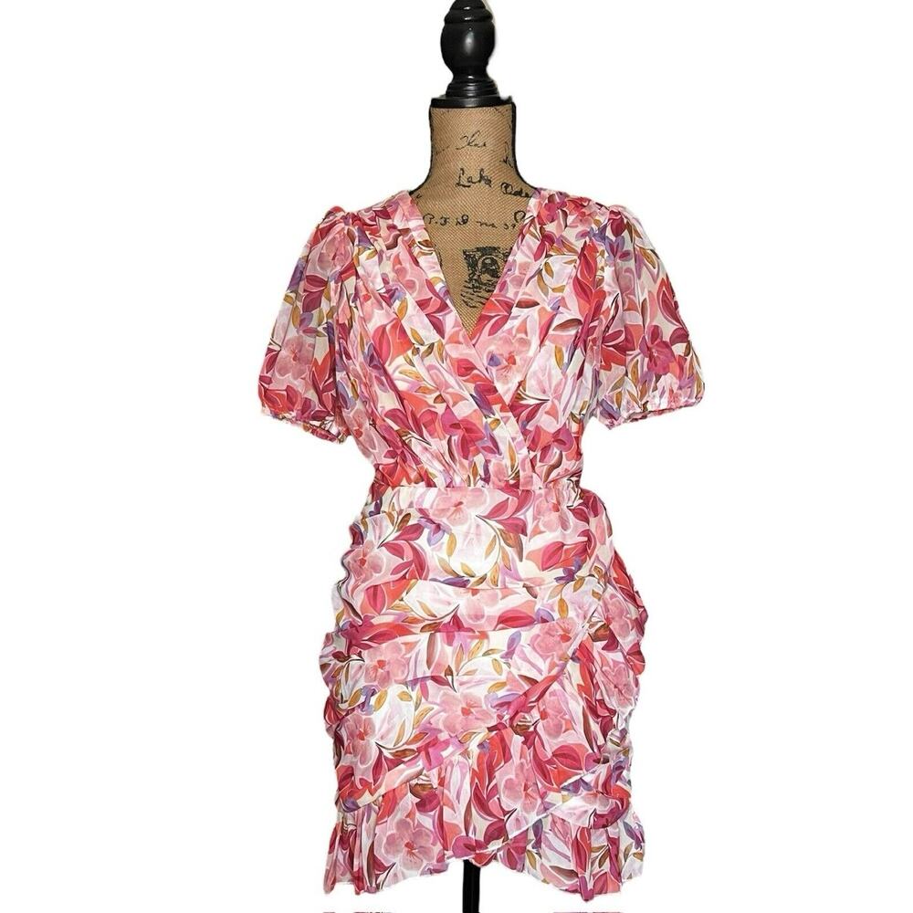 SHOWPO PINK FLORAL STRETCH BODYCON RUCHED RUFFLE DRESS SIZE 4